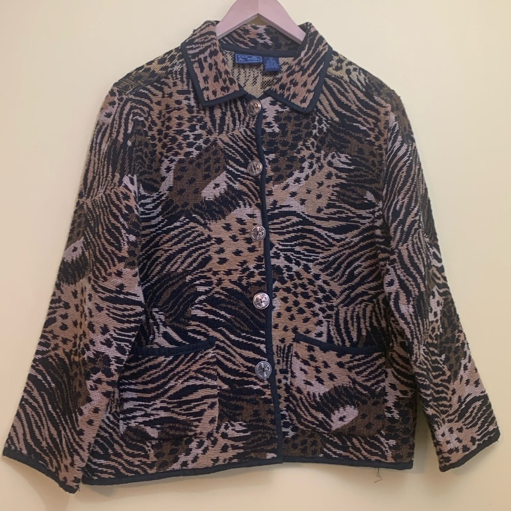 Jane Ashley Mixed Animal Print Woven Tapestry Button Unlined Blazer Coat L